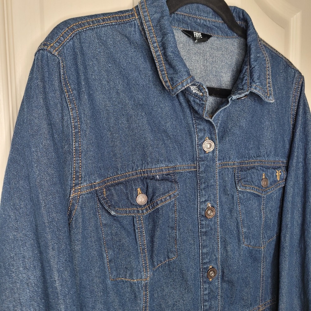 Frye Dark Denim Dress 100% Cotton Button-Up Long Sleeve Side Pockets XL Western - Picture 6 of 8